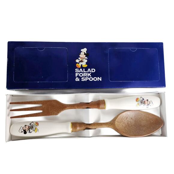 Vtg Disney Gourmet Mickey Mouse Serving Salad Fork & Spoon, Ceramic Handle Japan - Picture 1 of 7